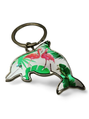 Florida Fish Shape Metal Key Chain - "Flamingo with Leaf"