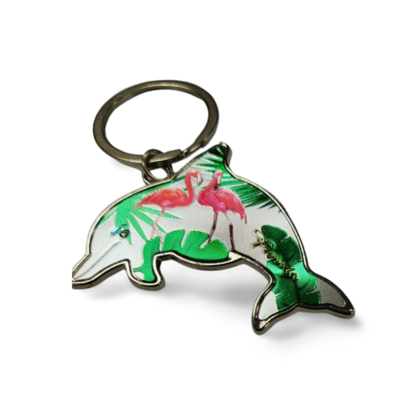 Florida Fish Shape Metal Key Chain - "Flamingo with Leaf"