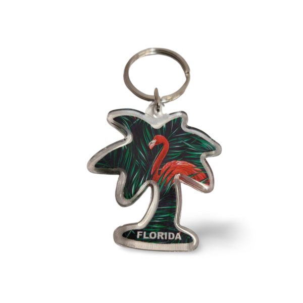 Florida Acrylic Key Chain - "Palm Tree Shaped & Flamingo"