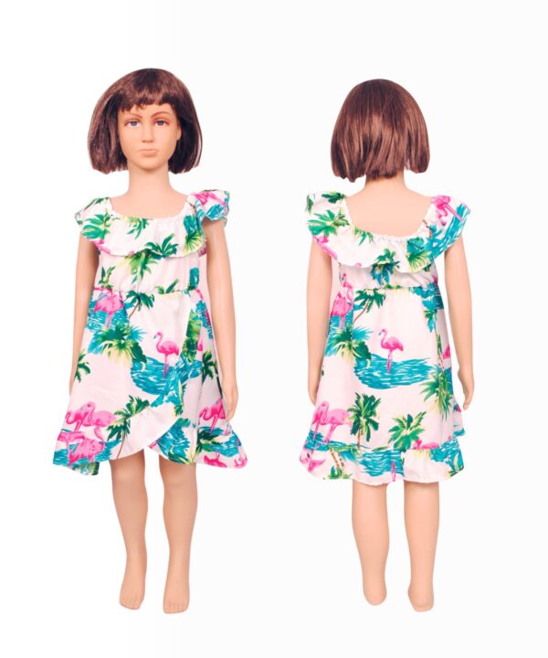 Girls' Ruffle Sleeve Sundress – Flamingo White and Flamingo Aqua