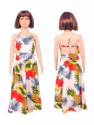 Girls' Halter Maxi Sundress with Elastic Waist and Back – Pineapple White and Pineapple Navy