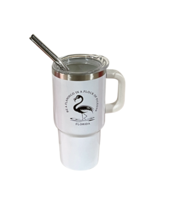 5oz Flamingo Stainless Steel Vacuum Insulated Tumbler with Handle, Lid, and Straw, Hot & Cold.
