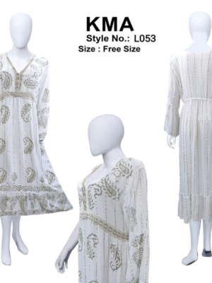 White Lurex Maxi Dress – Boho Ethnic V-Neck Gown with Paisley Print
