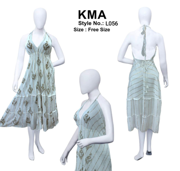 Powder Blue Lurex Maxi Dress – Boho Halter Neck Tiered Gown