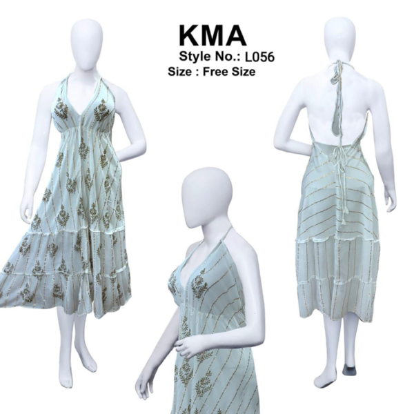 Powder Blue Lurex Maxi Dress – Boho Halter Neck Tiered Gown