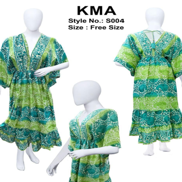Green & Teal Floral Boho Kaftan with V-Neck and Waist Tie