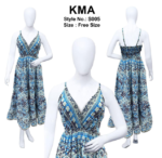 Blue Tribal Print Sleeveless Midi with Smocked Back