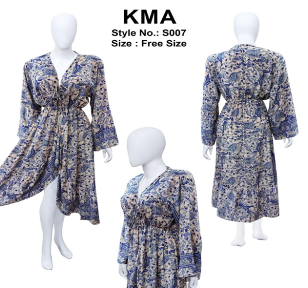 Blue & Beige Long Sleeve Paisley Midi with Front Tie