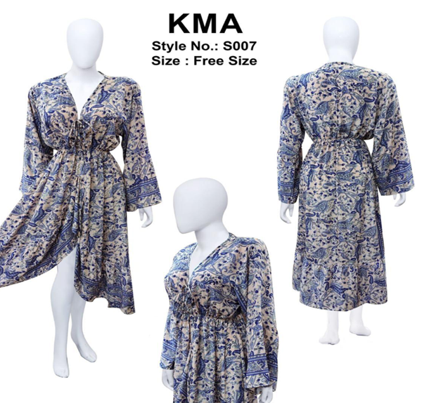 Blue & Beige Long Sleeve Paisley Midi with Front Tie