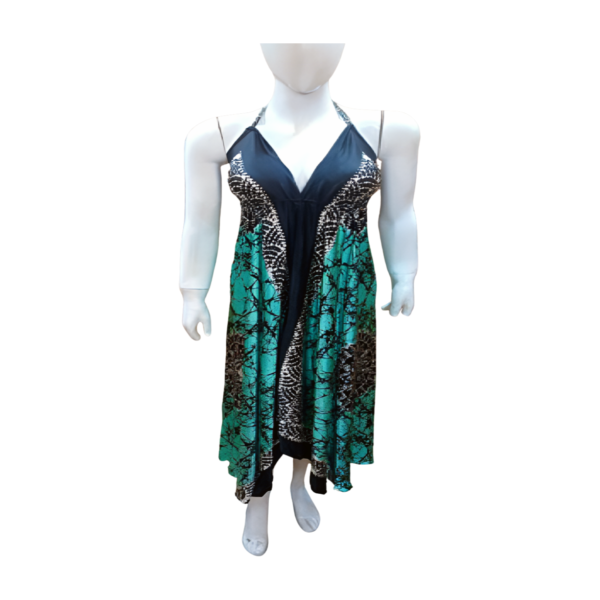 Black and Green Halter V-Neck Dress with Tribal Motif