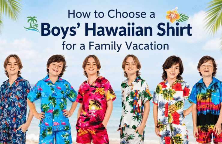 Boy wearing a colorful Hawaiian shirt for a family vacation