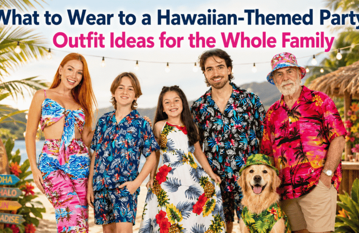 Family wearing matching Hawaiian outfits with their dog at a tropical party